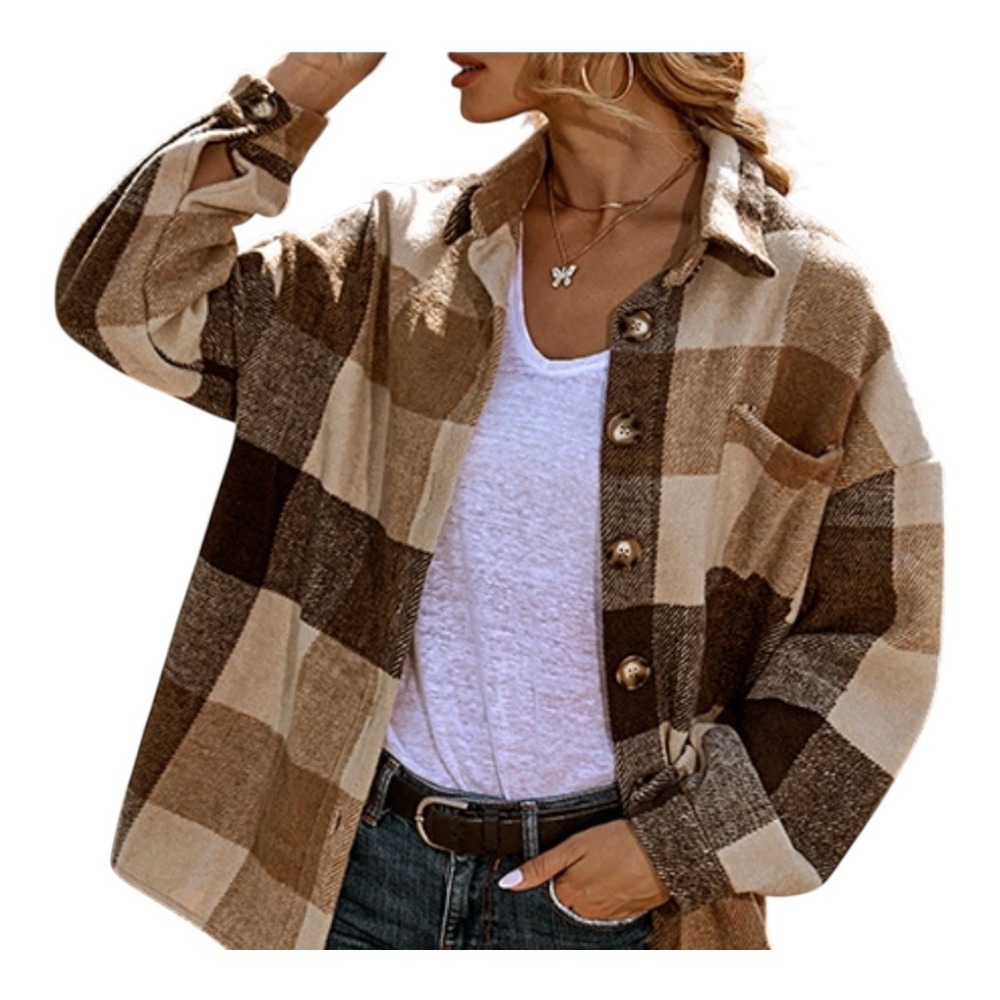 Plaid Shacket Jacket Brown Tan Button‎ Down Long Sleeve Women Size Large New
